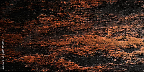 Hot chocolate and coffee beans burn in a red flame sunset reflection with orange water waves and a grunge rust metal texture surface