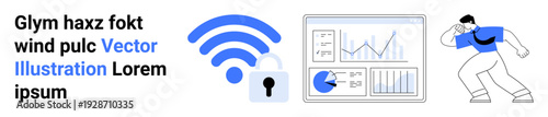 wireless signal with lock icon, analytics dashboard charts, and a person holding a shield. Ideal for technology, cybersecurity, data analysis, networking, privacy protection, connectivity simple