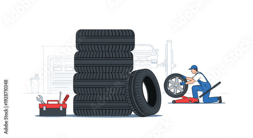 A professional mechanic is carefully changing a car tire with a jack, surrounded by a large stack of fresh tires and a red toolbox in a clean garage setting.