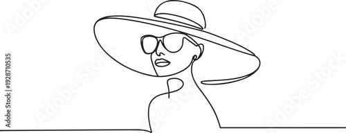 A woman wearing a big hat and sunglasses, one continuous line one line art icon drawing vector