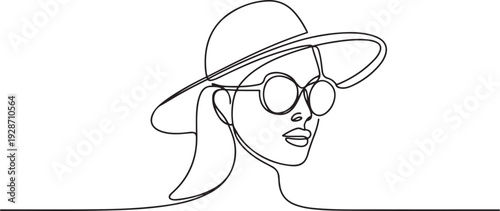 A woman wearing a big hat and sunglasses, one continuous line one line art icon drawing vector