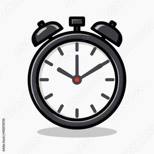 A vector graphic illustration of a black alarm clock with a white face and red center dot