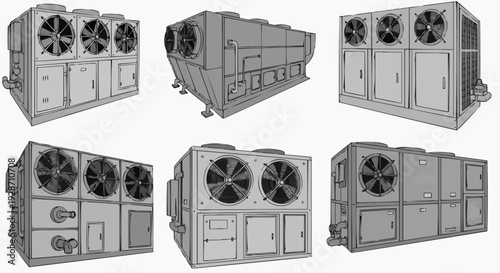 Collection of Industrial Air Conditioning Units with Multiple Fans and Control Panels
