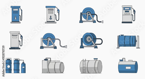 Collection of industrial equipment icons including pumps, dispensers, and storage tanks illustrated in blue and grey tones from a straightforward viewpoint.
