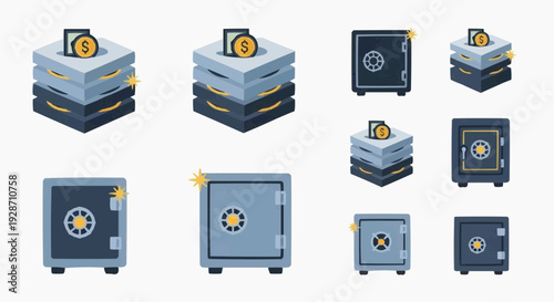 Collection of various safe and vault icons in different styles and sizes displayed together