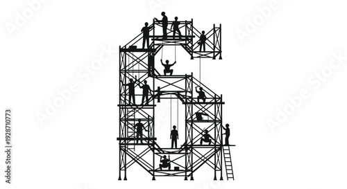 Numerous construction workers are depicted as dark silhouettes diligently working on an elaborate scaffolding structure, ingeniously forming the large number six.