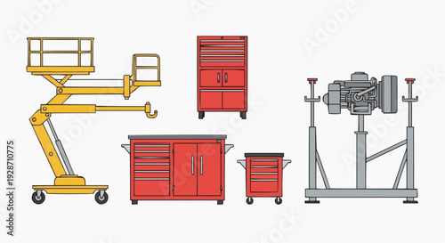 Industrial equipment and machinery, including cranes and tool cabinets, viewed from the front in a graphic illustration