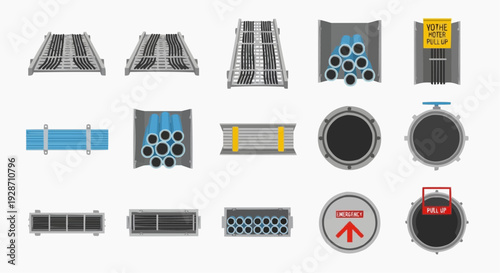 Collection of industrial pipe fittings and valves displayed in a grid layout on a white background from a top-down viewpoint
