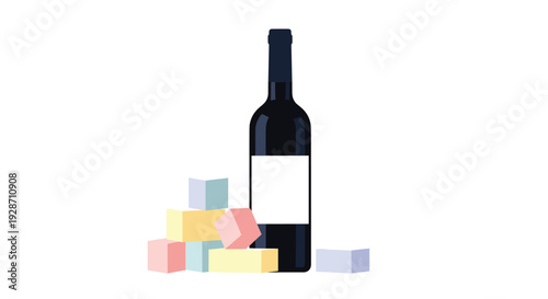 A dark glass wine bottle with a blank white label stands on a white background, next to a small pile of colorful pastel cubic blocks.