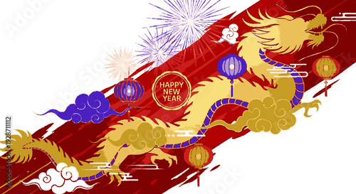 Vibrant chinese new year illustration featuring golden dragon and fireworks on red background with lanterns and happy new year greeting