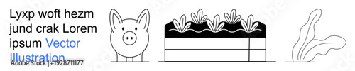 Farming, sustainability, agriculture, environment, food production, minimal design. Pig, plants in soil bed and leaf elements in black and white line art. Farming and sustainability