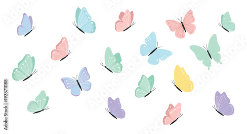 A swarm of colorful pastel butterflies with delicate wings are scattered and flying freely across a clean white background.