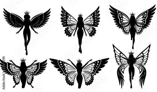 Fantasy winged female silhouettes with crowns vector set
