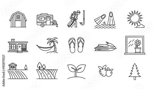Minimal Outline Vacation and Countryside Icon Collection Isolated on White