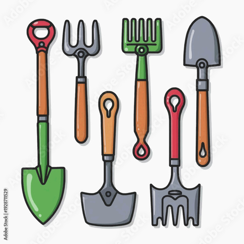 A colorful illustration of gardening tools, including shovels, rakes, and forks, arranged neatly on a white background.