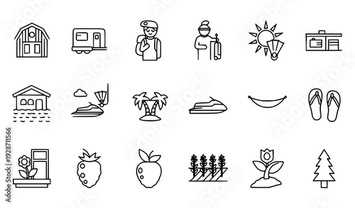 Thin Line Travel and Nature Icon Set with Barn Trailer Tourist and Beach Elements