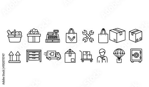 Modern Thin Stroke Online Shopping and Cargo Handling Outline Icon Pack
