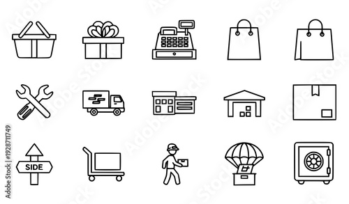 Minimal Outline Retail and Shipping Service Icon Collection Isolated on White