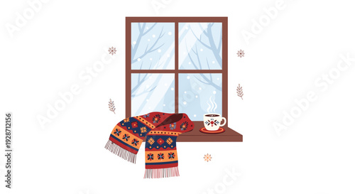 A brown window looks out onto a snowy winter landscape with bare trees, featuring a colorful patterned scarf and a steaming cup on its sill.