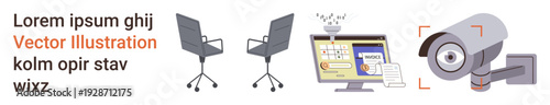 Workplace security, office , technology, privacy, authentication, digital safety. Office chairs, computer screen with password entry and surveillance camera. Workplace security and office themes
