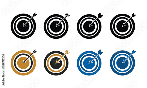 Colorful Target Bullseye Icons with Arrows: Black, Gold, Blue Variants, Circular Aim Vector Set
