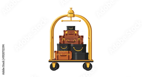 A luxurious golden hotel luggage cart is heavily loaded with a stack of assorted brown and black suitcases, standing on a white background.