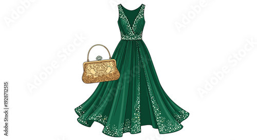 A beautiful emerald green sleeveless evening gown with sparkling embellishments is elegantly displayed beside an ornate gold clutch bag.