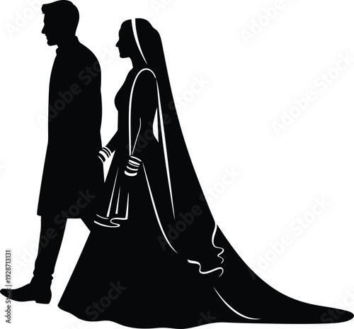 Graceful indian wedding couple vector silhouette illustration, symbolizing love and tradition in a cultural celebration, perfect for design elements and event branding