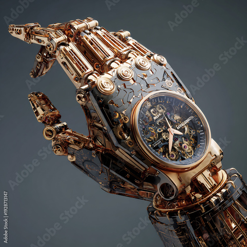 Wallpaper Mural Futuristic Robotic Hand with Integrated Mechanical Watch, Crafted from Gold and Dark Metal, Showcasing Advanced Bionic Engineering Torontodigital.ca