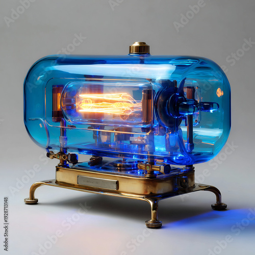 Wallpaper Mural Retro-futuristic scientific apparatus featuring a glowing incandescent bulb encased in clear blue glass with ornate brass fittings. Torontodigital.ca
