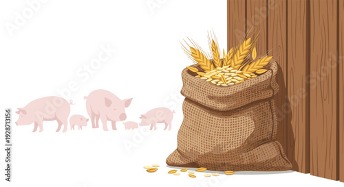 A large rustic burlap sack overflows with golden wheat and grains, leaning against a wooden wall, with pink pigs in the background.
