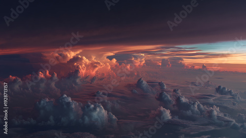 Wallpaper Mural Aerial view of a vibrant and dynamic cloudscape at sunset, showing layers of cumulus and stratocumulus clouds illuminated by warm orange and pink light. Torontodigital.ca