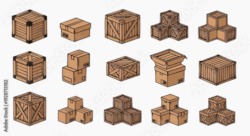 Various brown wooden crates stacked in different configurations on a plain surface