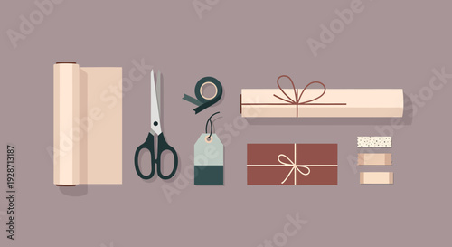 Gift Wrapping Essentials Arranged on a Clean Background for Festive Packaging