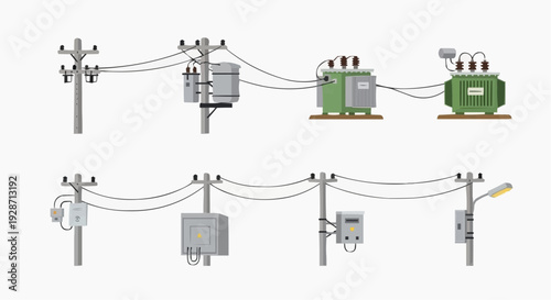 Electrical substation equipment illustration with transformers and power lines overhead outdoors