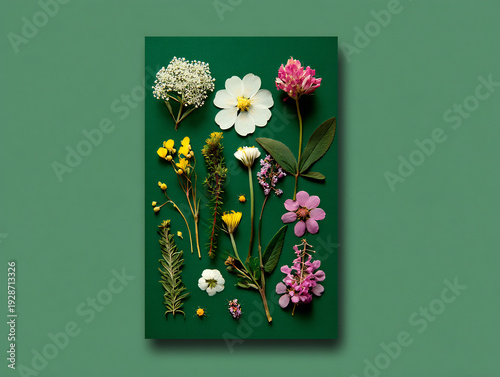 Wallpaper Mural Diverse Collection of Wildflowers and Greenery on a Dark Green Background Flat Lay Torontodigital.ca