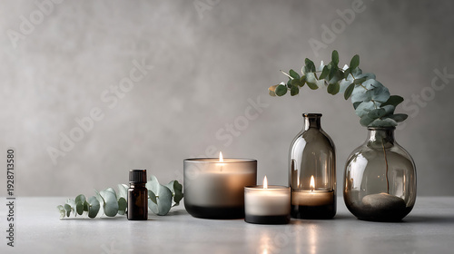 Wallpaper Mural Aromatherapy Still Life: Essential Oil Bottle, Lit Candles, Eucalyptus, and Spa Elements on Grey. Torontodigital.ca