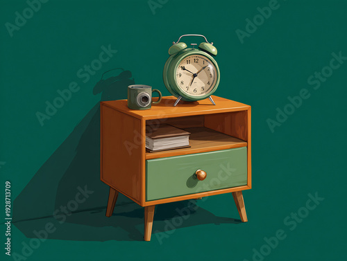 Wallpaper Mural Retro Illustration of a Bedside Table with Green Alarm Clock and Coffee Mug Torontodigital.ca