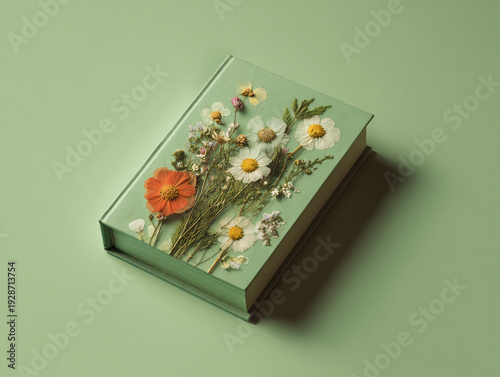 Wallpaper Mural Overhead view of a sage green book decorated with pressed dried flowers and botanical elements on a matching background Torontodigital.ca