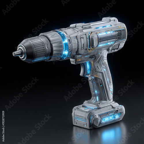 Wallpaper Mural Futuristic Cordless Drill with Blue Glowing Lights on Dark Background Torontodigital.ca