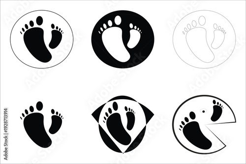 A collection of footprint logo icon variations in illustration. Designed in black and white minimal format for branding, baby products, hospital, maternity, and commercial use.