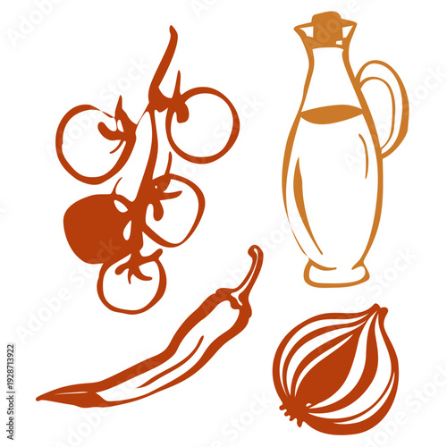 Hand Drawn Tomato, Chili, Garlic and Olive Oil Line Art Set