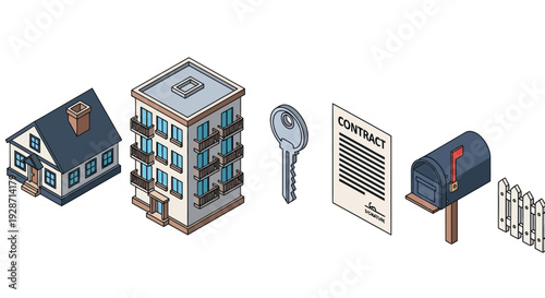 Real Estate Buying Process Isometric Icons.