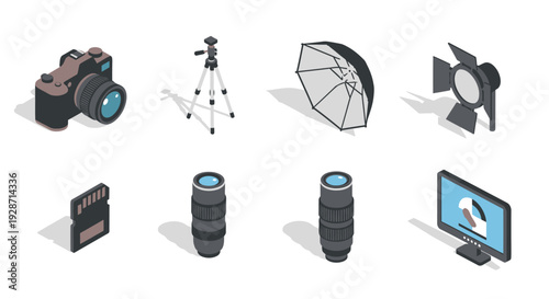 Photography equipment set with camera and accessories.