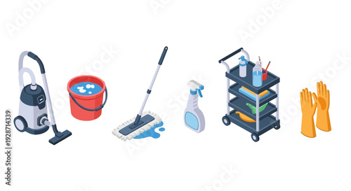 Cleaning equipment set vacuum mop gloves cart.