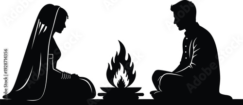 Elegant Indian wedding couple vector illustration performing sacred fire ritual, symbolizing tradition, devotion, and a lifelong marital union for cultural celebrations