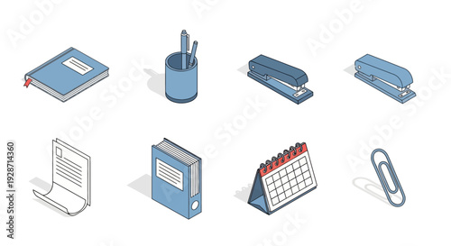 Office supplies set stationery organization tools collection.