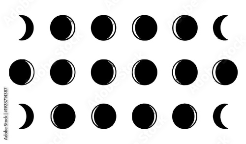 Lunar Phase Silhouette Grid Moon Icon Set Black Celestial Vector Illustration