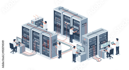 An isometric view depicts several people working in a modern data center, interacting with numerous server racks, computers, and complex wiring.