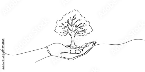 A continuous single line drawing of a tree growing inside a protective hand, line art style illustration.